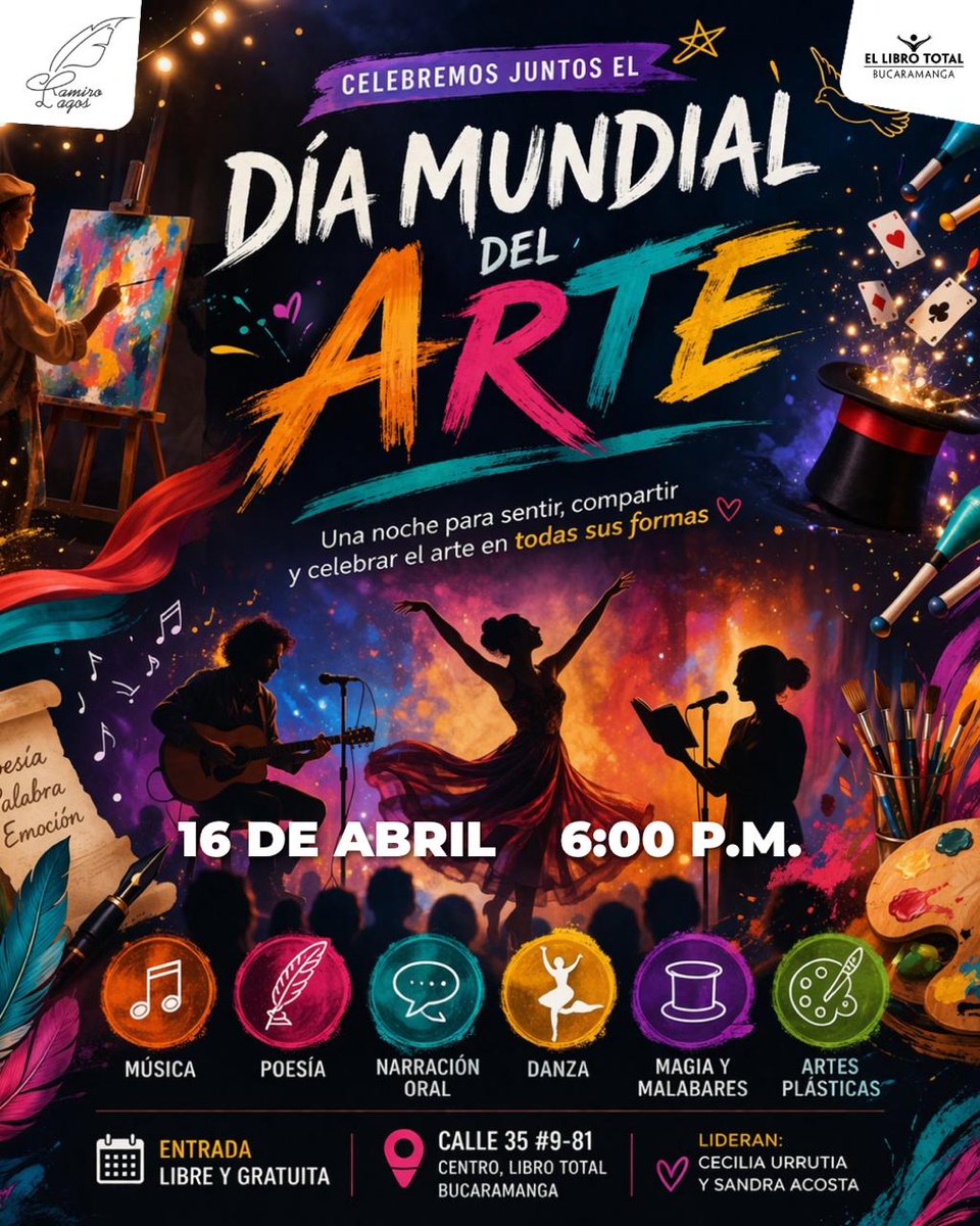 FestivalFicus's tweet photo. Casa del Libro Total Bucaramanga.
6:00 pm entrada libre.
Poesía, narración oral, danza, circo, teatro, plásticas y música https://t.co/047KZnLxtZ