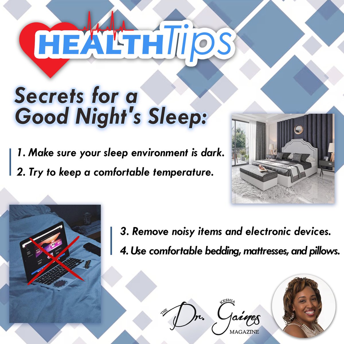Dr_KGaines's tweet image. SECRETS FOR A GOOD NIGHT'S SLEEP 📷 are here just in time! Dr. Keshia Gaines gives her top 4 tips for a successful slumber. Establish a relaxing bedtime routine by listening to soft music, taking a soothing bath, or reading an interesting book!
#sleeping #Sleep  #drkeshiagaines