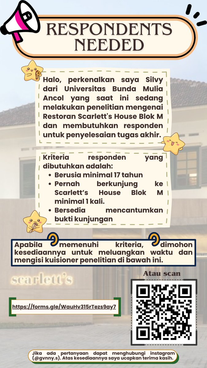 GeovannySilvy's tweet photo. @arfebibots @tasyabenedikta Haii Kak, aku lagi cari responden yang pernah ke Scarlett's House Blok M. Kalau berkenan dapat mengisi link di bawah yaa, terima kasih 🥺
https://t.co/QvOj1Ua2HY https://t.co/Tjx6QMKS8G
