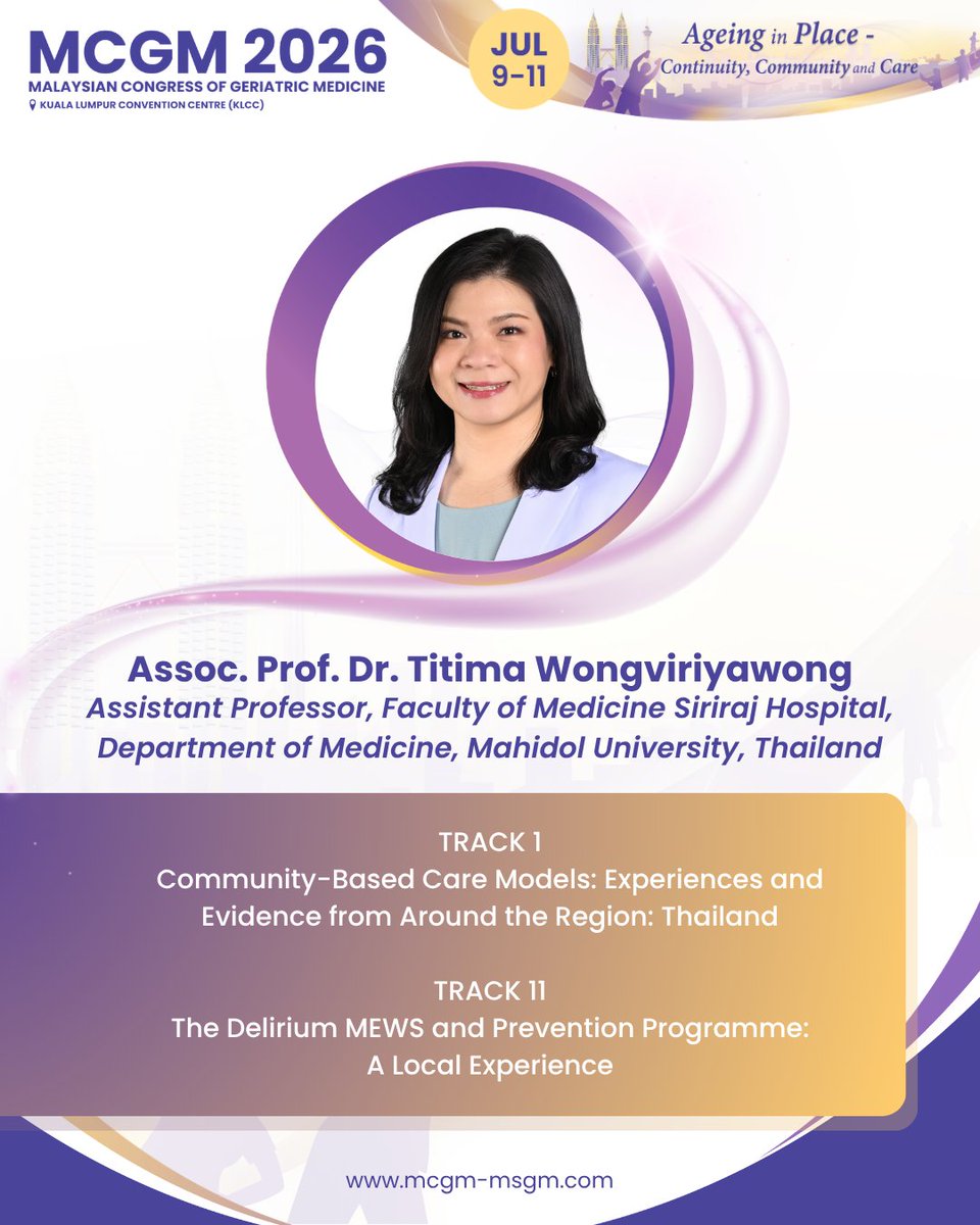 msgm_geriatric's tweet photo. 🎤 Featured Speakers &amp; Topics

Gain insights from leading regional experts from 🇹🇭 Thailand and 🇮🇩 Indonesia.

📢 Abstract Submission Extended to 30 April 2026
🎟 Early Bird Extended to 15 May 2026

🗓 9–11 July 2026
📍 Kuala Lumpur Convention Centre
🔗 https://t.co/x3qSXODTOm https://t.co/U9SNGQyPqF