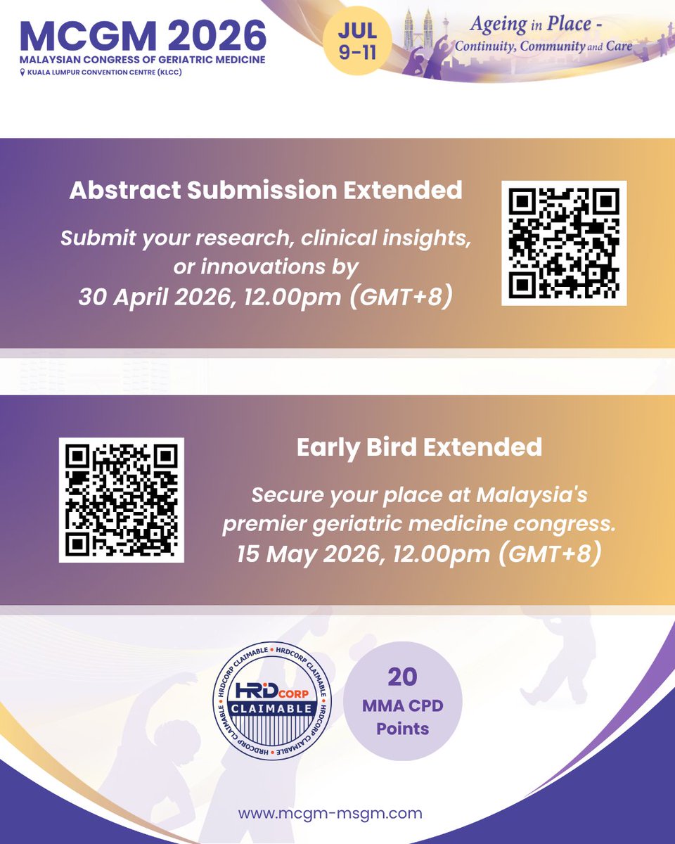 msgm_geriatric's tweet photo. 🎤 Featured Speakers &amp; Topics

Gain insights from leading regional experts from 🇸🇬 Singapore.

📢 Abstract Submission Extended to 30 April 2026
🎟 Early Bird Registration Extended to 15 May 2026

🗓 9–11 July 2026
📍 Kuala Lumpur Convention Centre
🔗 https://t.co/x3qSXODlYO https://t.co/Yx1rqEubDh