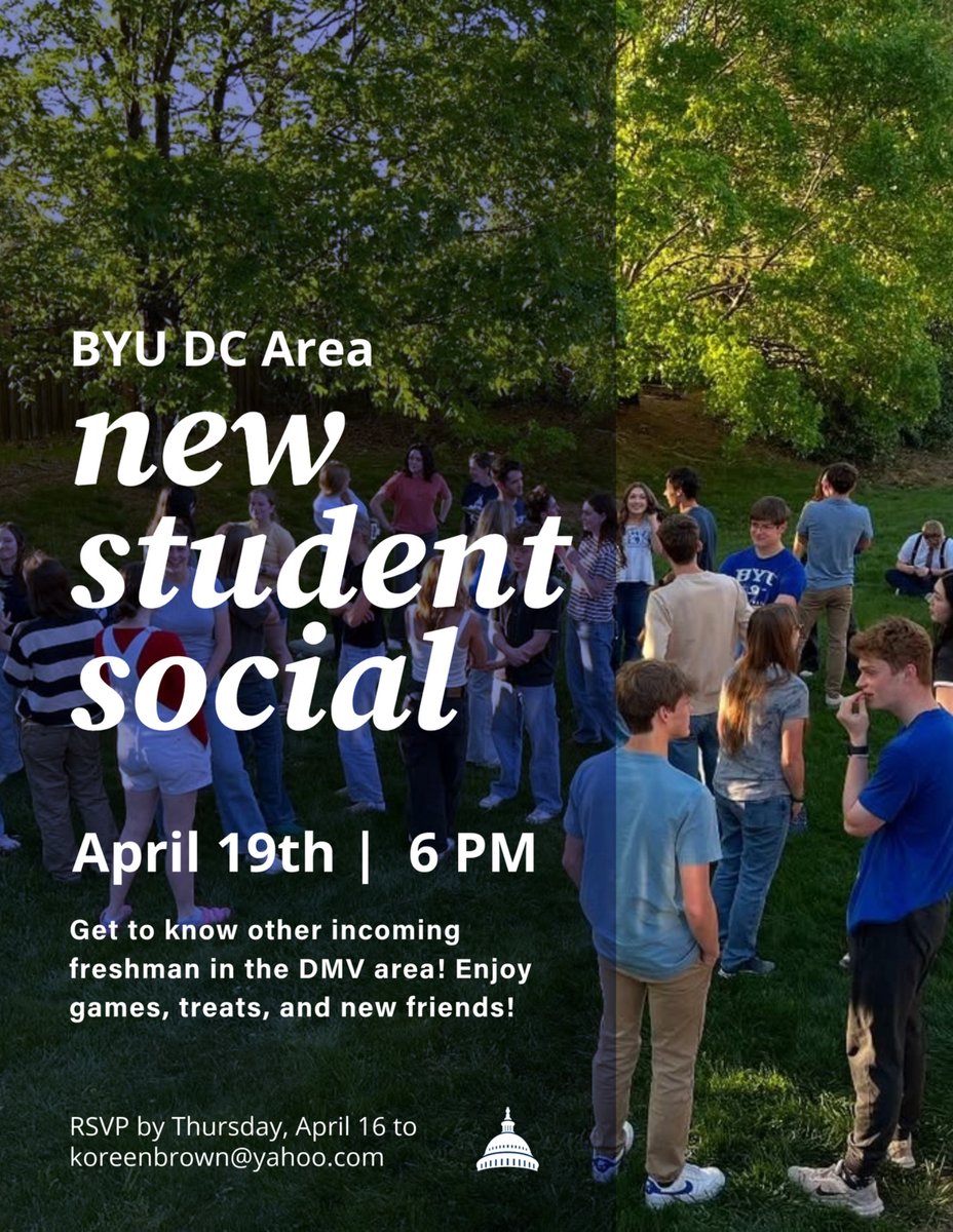 BYUALUMNIDC's tweet photo. Welcome to our new Cougars! 

 Join us at our New Student Social this Sunday, 6–7:30 PM! Meet other new students from the DMV area, show off with some games, and enjoy some tasty treats!

Please RSVP by Thursday, April 16 to Koreen Brown.

koreenbrown@yahoo.com https://t.co/nD5C0EP8i5