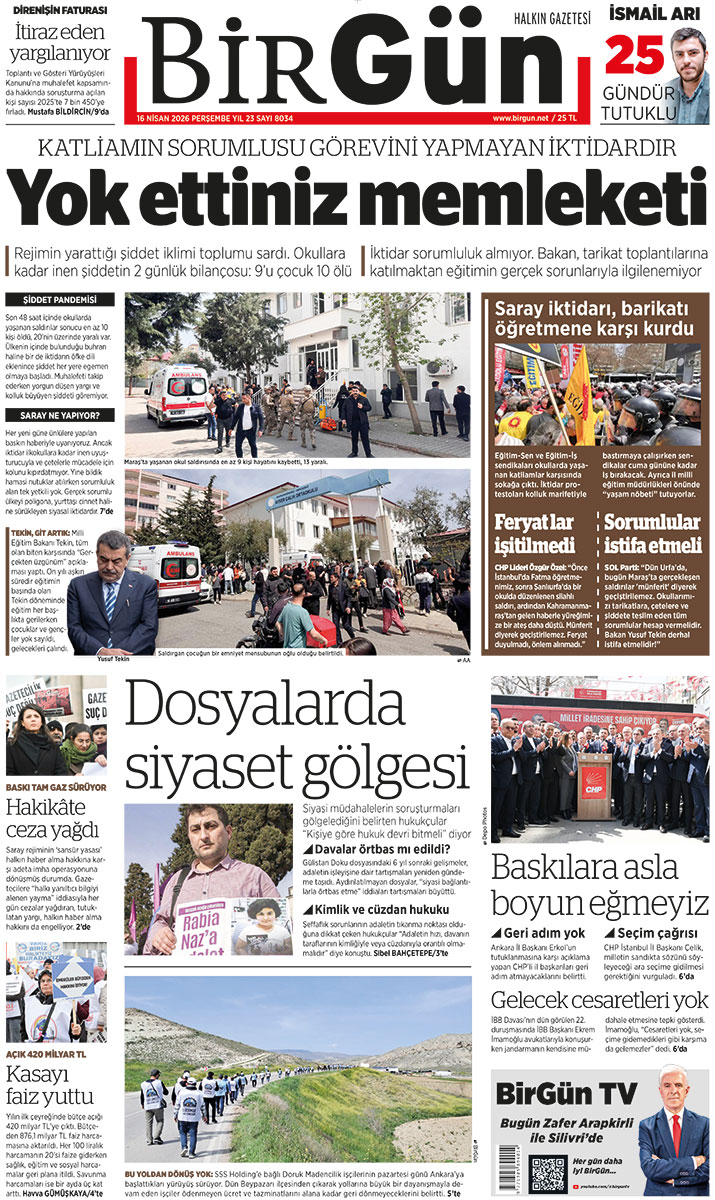 Katliamın sorumlusu görevini yapmayan iktidardır

Yok ettiniz memleketi

Rejimin yarattığı şiddet iklimi toplumu sardı. Okullara kadar inen şiddetin 2 günlük bilançosu: 9’u çocuk 10 ölü

birgun.net/haber/okullar-…

Bugünün BirGün’ü
