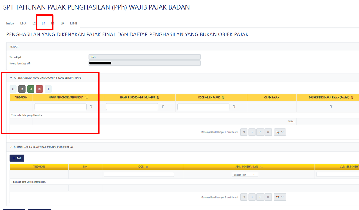 silversparksss's tweet photo. hi @kring_pajak saya ingin mengisi pada L4 spt badan, namun pada bagian A tidak ada opsi untuk add data, itu kenapa dan bagaimana solusinya? https://t.co/ePzE0WEi1Z