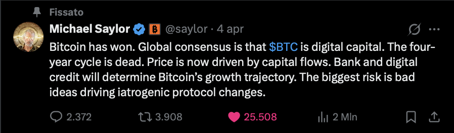 No more "cyber hornets", "wall of encrypted energy". The new <a href="/saylor/">Michael Saylor</a> pinned post on X is a massive, bold statement to the World. "Bitcoin has won", "the four-year cycle is dead"

Balls of steel. But we already knew that..
$BTC x $MSTR x $STRC