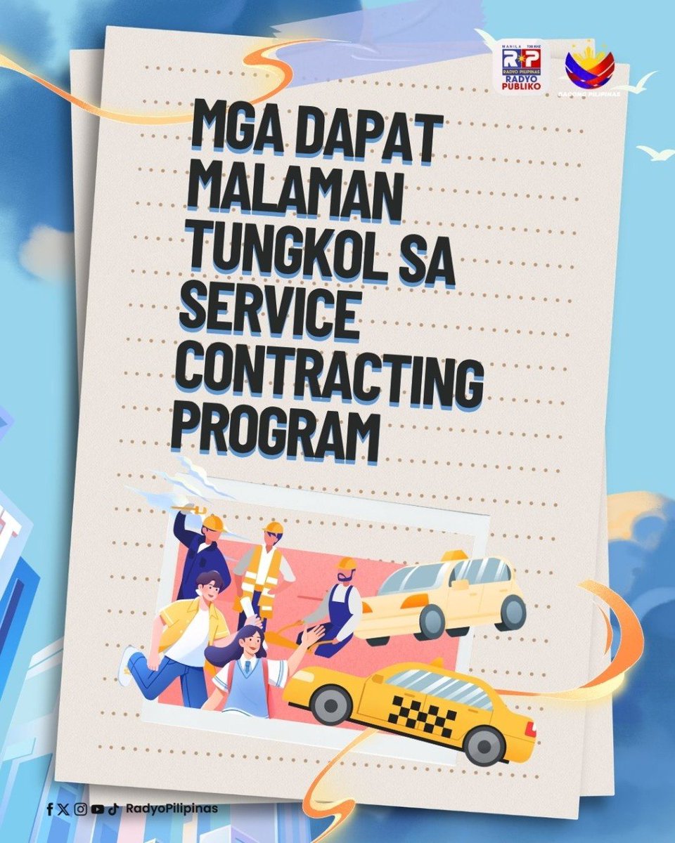 radyopilipinas1's tweet photo. Sa ilalim ng administrasyon ni Pang. Ferdinand R. Marcos Jr. muling inilunsad ng DOTr at LTFRB ang Service Contracting Program (SCP) upang gumaan ang buhay ng mga tsuper at pasahero.

Alamin ang mga benepisyo ng programang ito na naglalayong magbigay ng garantisadong kita para sa mga tsuper at karagdagang diskwento sa pamasahe para sa mga komyuter sa mahigit 800 ruta sa buong bansa na nagsimula noong Abril 15, 2026.

Manatiling nakatutok sa opisyal na social media pages ng LTFRB para sa anunsyo ng mga partikular na ruta na kasama sa programa.

#ServiceContractingProgram
#RadyoPilipinas
#RadyoPubliko
#IntegratedStateMedia
#ISM