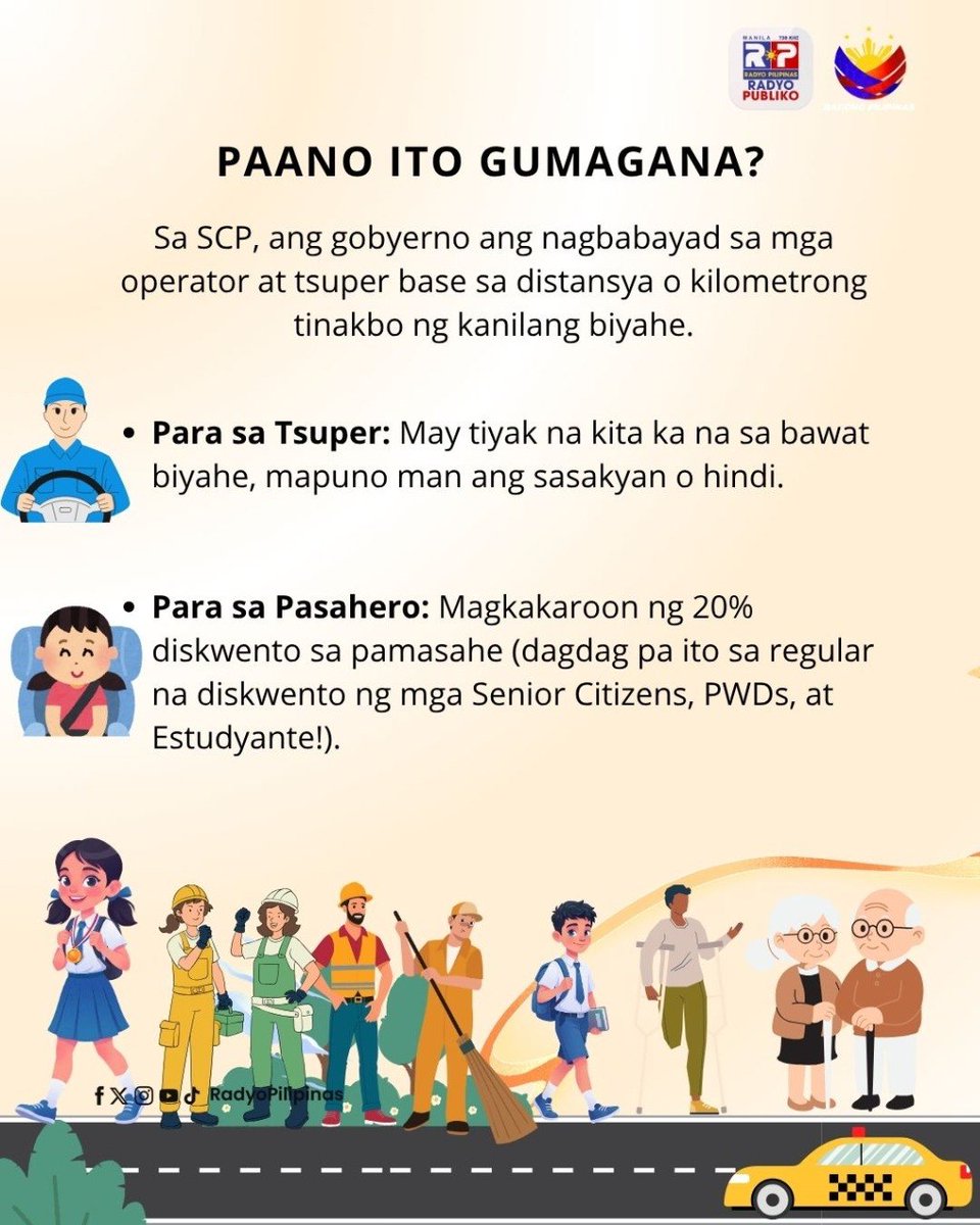 radyopilipinas1's tweet photo. Sa ilalim ng administrasyon ni Pang. Ferdinand R. Marcos Jr. muling inilunsad ng DOTr at LTFRB ang Service Contracting Program (SCP) upang gumaan ang buhay ng mga tsuper at pasahero.

Alamin ang mga benepisyo ng programang ito na naglalayong magbigay ng garantisadong kita para sa mga tsuper at karagdagang diskwento sa pamasahe para sa mga komyuter sa mahigit 800 ruta sa buong bansa na nagsimula noong Abril 15, 2026.

Manatiling nakatutok sa opisyal na social media pages ng LTFRB para sa anunsyo ng mga partikular na ruta na kasama sa programa.

#ServiceContractingProgram
#RadyoPilipinas
#RadyoPubliko
#IntegratedStateMedia
#ISM