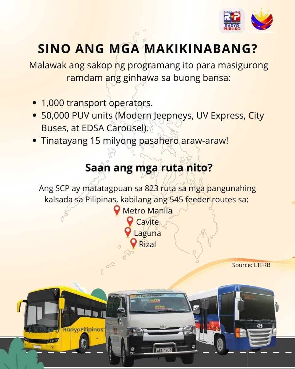 radyopilipinas1's tweet photo. Sa ilalim ng administrasyon ni Pang. Ferdinand R. Marcos Jr. muling inilunsad ng DOTr at LTFRB ang Service Contracting Program (SCP) upang gumaan ang buhay ng mga tsuper at pasahero.

Alamin ang mga benepisyo ng programang ito na naglalayong magbigay ng garantisadong kita para sa mga tsuper at karagdagang diskwento sa pamasahe para sa mga komyuter sa mahigit 800 ruta sa buong bansa na nagsimula noong Abril 15, 2026.

Manatiling nakatutok sa opisyal na social media pages ng LTFRB para sa anunsyo ng mga partikular na ruta na kasama sa programa.

#ServiceContractingProgram
#RadyoPilipinas
#RadyoPubliko
#IntegratedStateMedia
#ISM