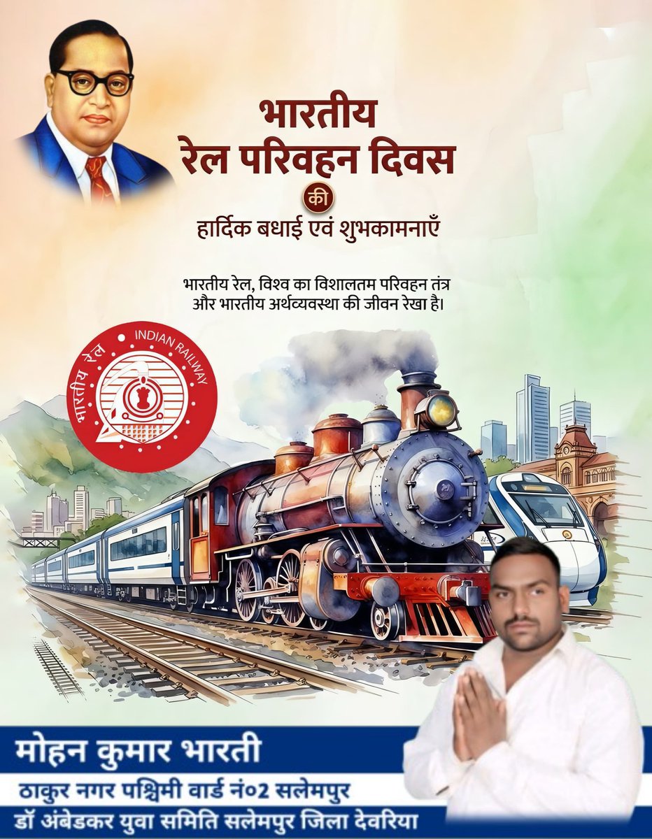 भारतीय रेल परिवहन दिवस की हार्दिक बधाई एवं शुभकामनाएं भारतीय रेल विश्व का विसलतम परिवहन तंत्र और भारतीय अर्थव्यवस्था की जीवन रेखा है। डॉ अंबेडकर युवा समिति सलेमपुर जिला देवरिया
