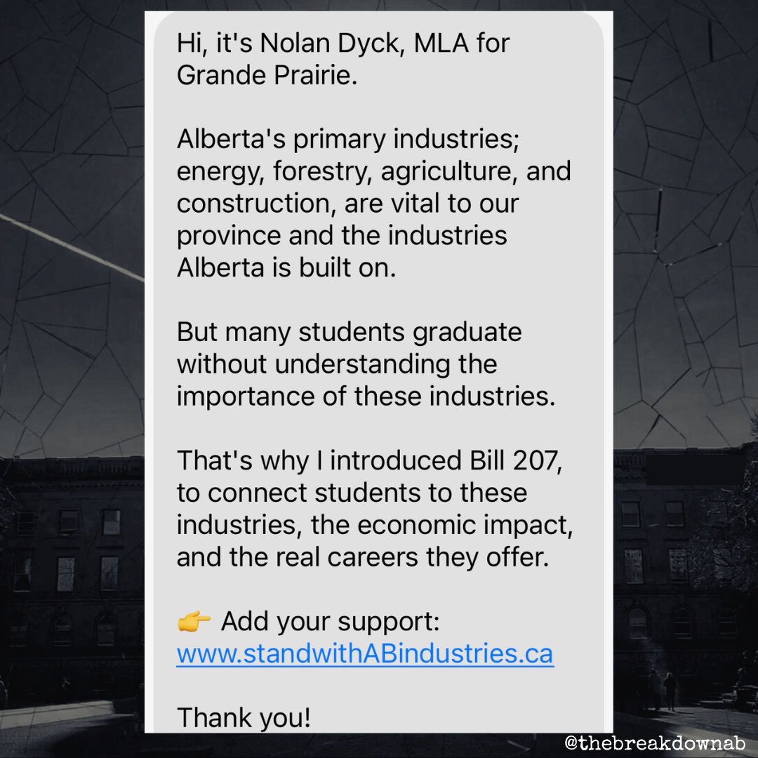TheBreakdownAB's tweet image. From the DM’s…

The UCP are so committed to removing bias from the education curriculum…

They’ve introduced legislation to ensure pro-industry bias is introduced into the education curriculum.

Complete with a text campaign.

#abpoli #ableg #cdnpoli