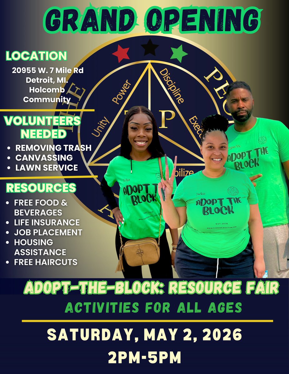 Join us for the Adopt the Block Resource Fair and Community Clean Up on Saturday, May 2, 2026 from 2PM to 5PM at TPA’s new building off 7mile in the Holcomb Community.

#Adopttheblock
#thepeoplesaction
#communityviolenceintervention