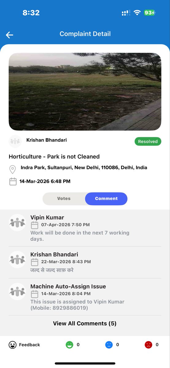 bha17233's tweet image. 14 मार्च 2026 को @MCD_Delhi 311 App पर Indra Park, Sultanpuri की सफाई की शिकायत की थी। 7 दिन में काम का आश्वासन मिला था, लेकिन 16 अप्रैल तक कोई कार्रवाई नहीं हुई।

क्या ऐसे ही जनता की शिकायतों को नजरअंदाज किया जाता है? कृपया तुरंत सफाई कराई जाए।
#MCD #Sultanpuri #CleanDelhi