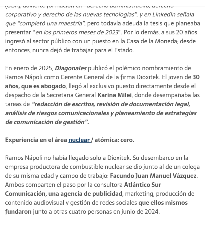 Abogado. 32 años.
2024, hacía redacción para Karina Milei.
Ene/2025, lo hacen gerente de una fábrica de UO₂.
Ago/2025 le dan préstamo de ~usd 150mil*
Dic/2025 le inventan una Secretaría**
Abr/2026, acusa al SECTOR NUCLEAR más avanzado del hemisferio sur de ser un 'aguantadero'😀