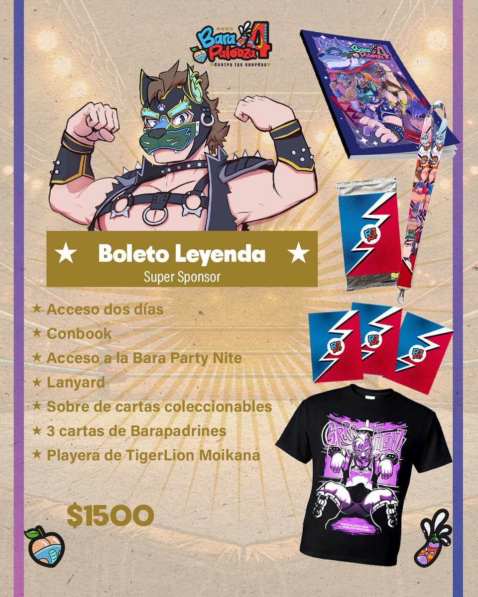 BarapaloozaCon's tweet photo. Finalmente están aquí los artículos que de 💥Barapalooza 4 💥 que vienen incluidos en tu boleto!!
Si ya adquiriste tu boleto y quieres algún artículo  en taquilla podrás hacer upgrade para que no te quedes sin ninguno de ellos. diseños por @TigerLion_Art 

https://t.co/9oaxsgE1ac https://t.co/Ta9W09R5nl