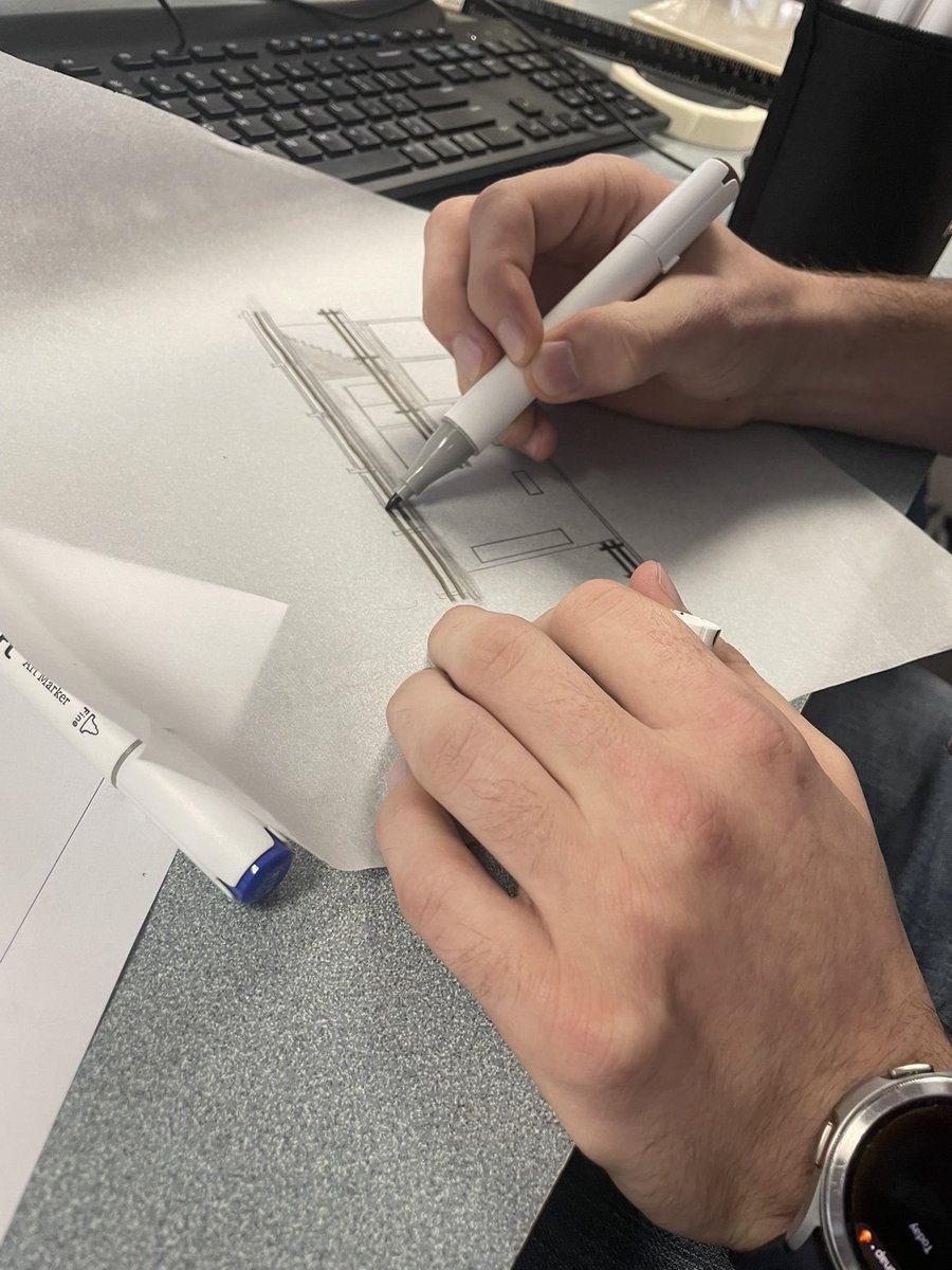 BlinnArch's tweet image. Final projects are getting closer by the day. Today in studio: hand-drafted elevations, using trace paper and markers to explore material possibilities and bring designs to life.

#BlinnArchitecture #ArchitectureStudio #DesignProcess #HandDrafting #FutureArchitects