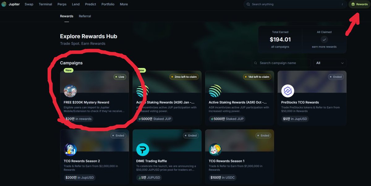 KR_DEXER's tweet image. 주피터 스왑 이용자들 미스터리 박스 뽑아가세요~

우측 위에 reward 누르고 Mystery Reward 가셔서 클레임 클릭
운좋으면 로또 당첨될수도???

링크 : jup.ag/?ref=dc580yos8…

#jupiter #jup $jup $jupiter