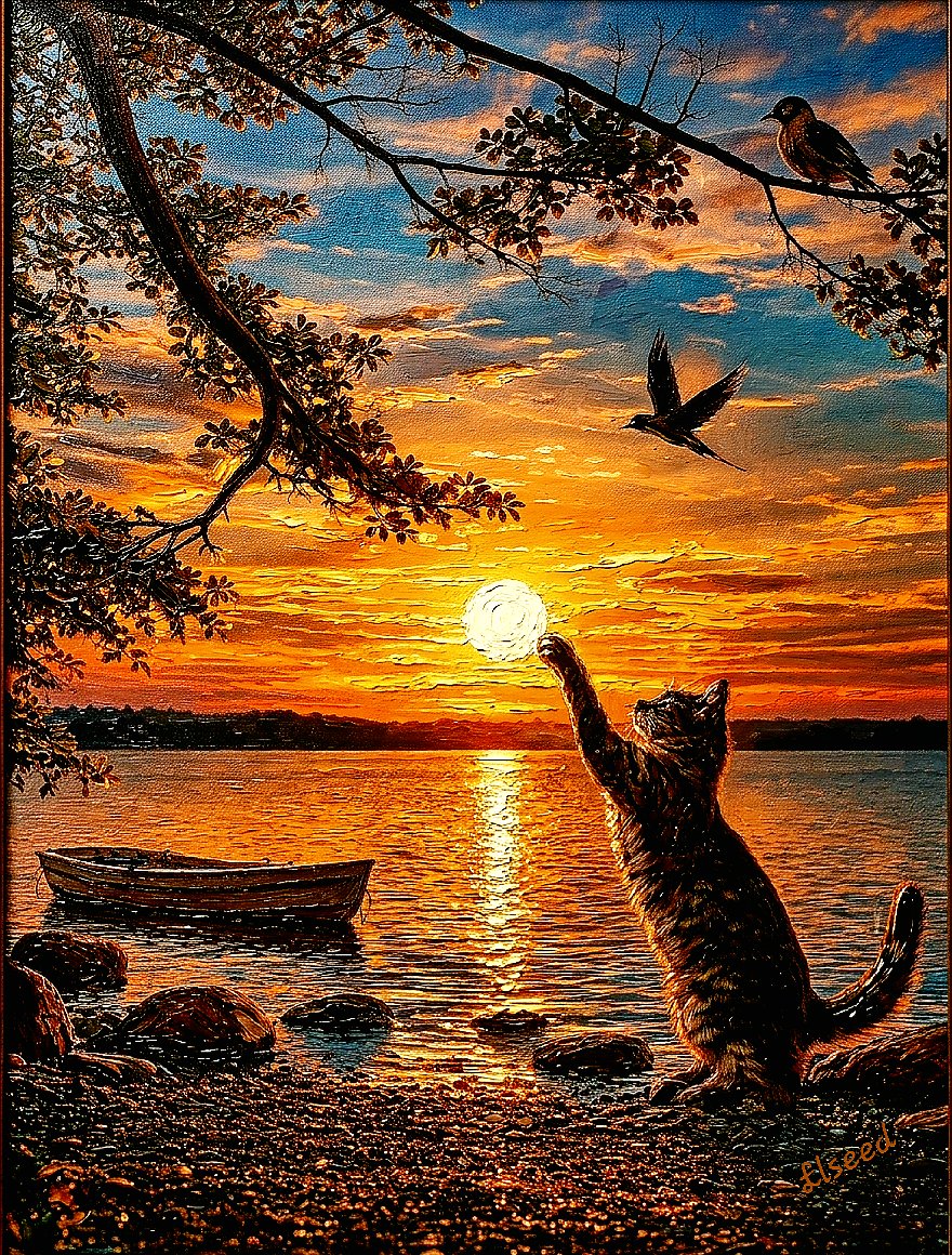 ElseedUg's tweet image. "Chasing sunsets &amp;amp; good vibes!" 😻☀️ 
Golden hour dreams with a curious friend! 🌅 

Elseedart 
Oils on canvas 

 wishing I could reach for the sun like this cat. Is it just me, or does everyone feel extra existential during golden hour? ☀️ #goldenhour #catlife #sunsetvibes #mood