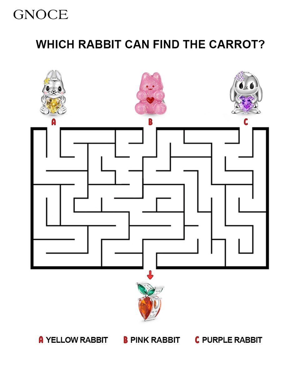 Gnoceofficial's tweet image. Which rabbit can find the carrot? Is it A, B, or C? 
Shop here: gnoce.cc/4sxPhgt 
#gnoce #rabbitjewelry #cutejewelry