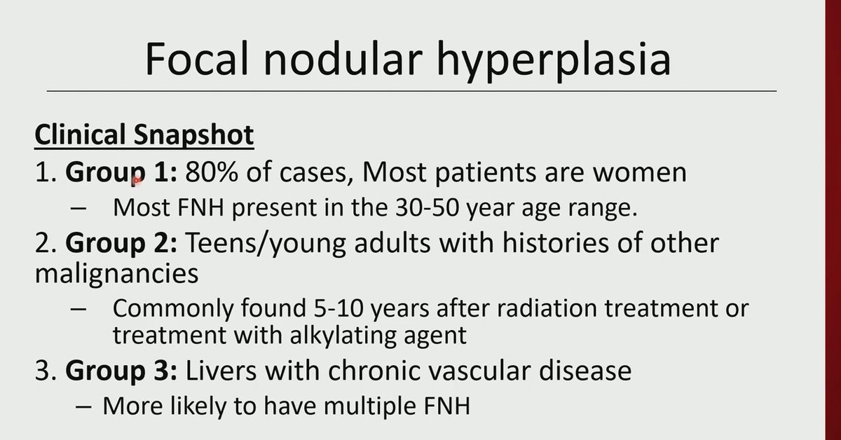 Janiranavarro's tweet image. Focal nodular hyperplasia
Clinical snapshot

- Group 1: 80% of cases, most patients are women
- Group 2: Teens/young adults with histories of other malignancies
- Group 3: Livers with chronic vascular disease

Dr. Torbenson #USCAP2026 #PathX #pathology #PathTwitter