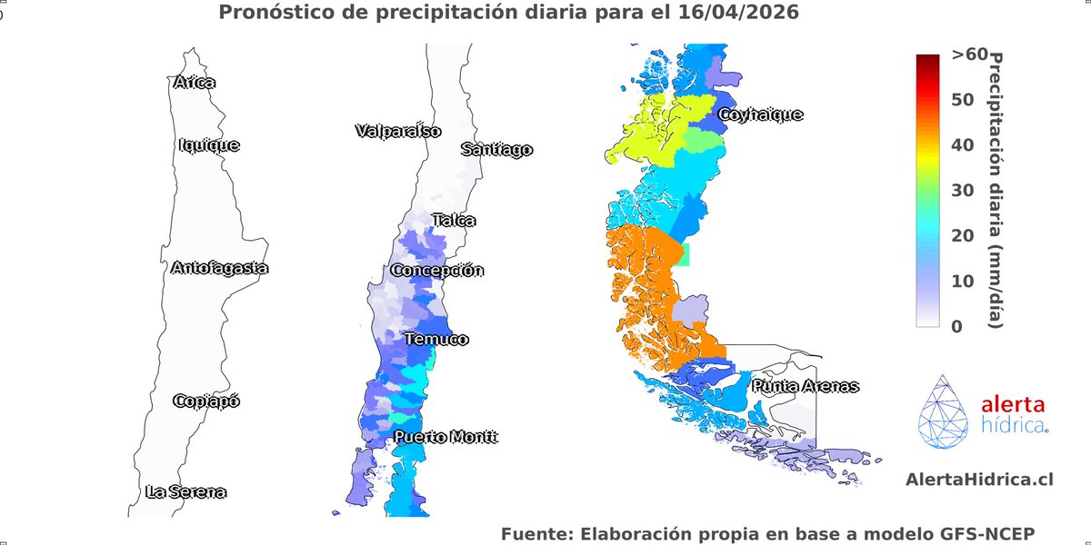 #Pronóstico de precipitación 🌧 para el 16 de abril👇

📊 Revisa la actualización del pronóstico cerca de tu localidad en 👉 explora.alertahidrica.cl/#/pronostico-m…