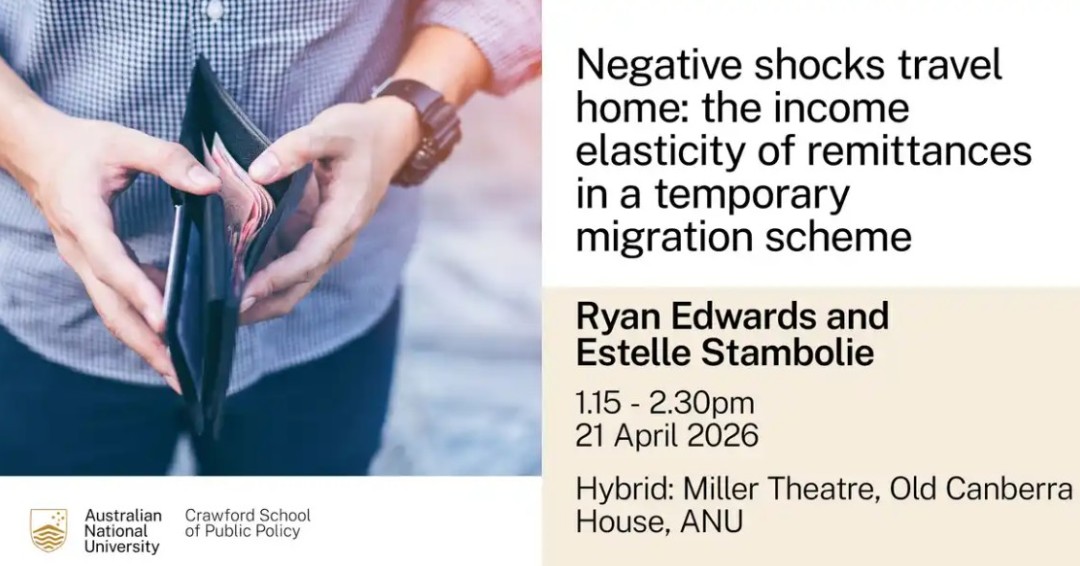 devpolicy's tweet photo. We are pleased to invite you to ACDE- Devpol seminar. 
Ryan Edwards and Estelles Stambolie will present “Negative shocks travel home: the income elasticity of remittances in a temporary migration scheme” 

Registration:  https://t.co/zue8DxZebl

#Devpol #ACDE  #Remittance https://t.co/uKDF2BsKtO