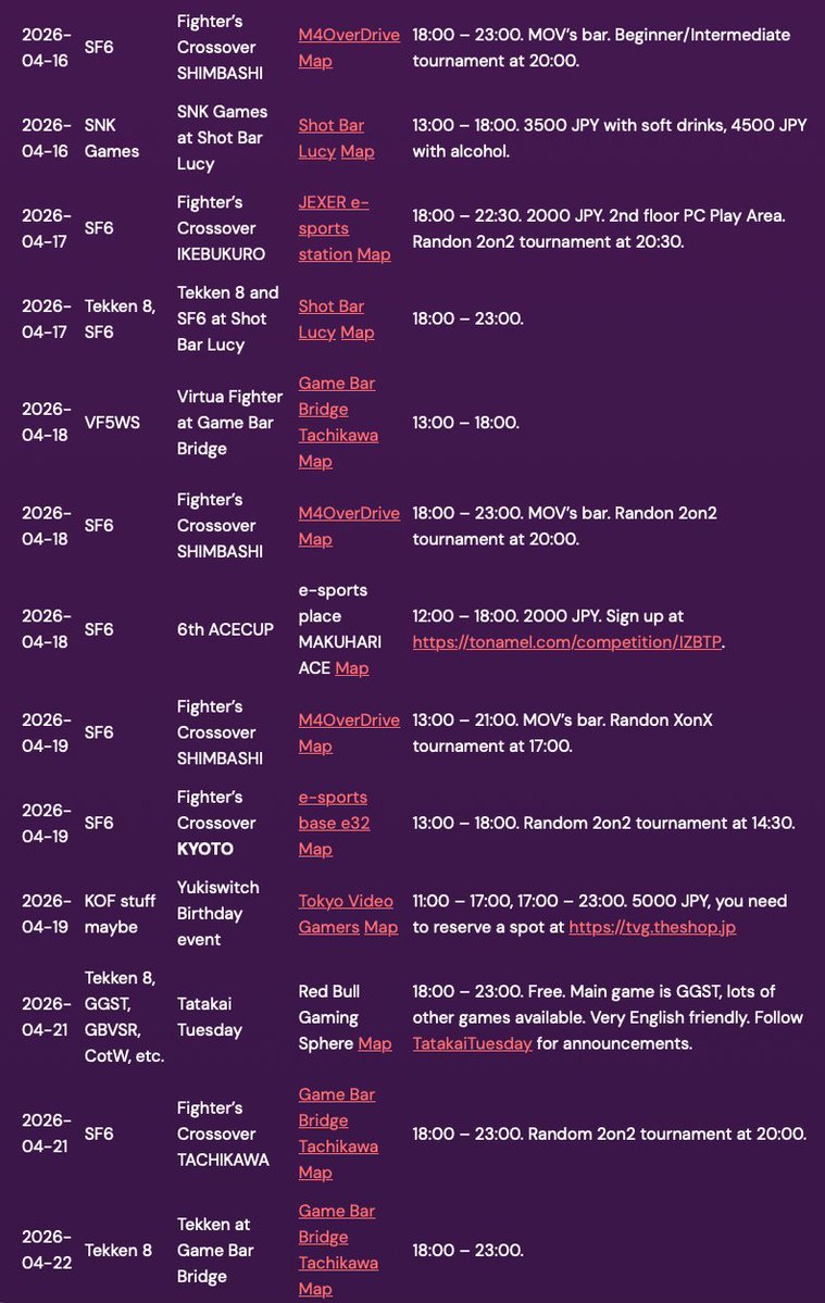 Fighting game events going on in or around Tokyo that I know about. Complete list available at FuguTabetai.com/tokyo_fgc.html