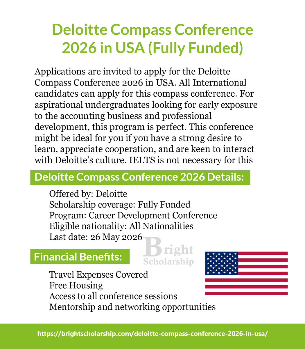 BrightSship's tweet image. Deloitte Compass Conference 2026 in USA (Fully Funded)

Scholarship coverage: Fully Funded
Program: Career Development Conference
Eligible nationality: All Nationalities
Last date: 26 May 2026

Apply Link: brightscholarship.com/deloitte-compa…

#BrightScholarship #FullyFunded #Conference #USA