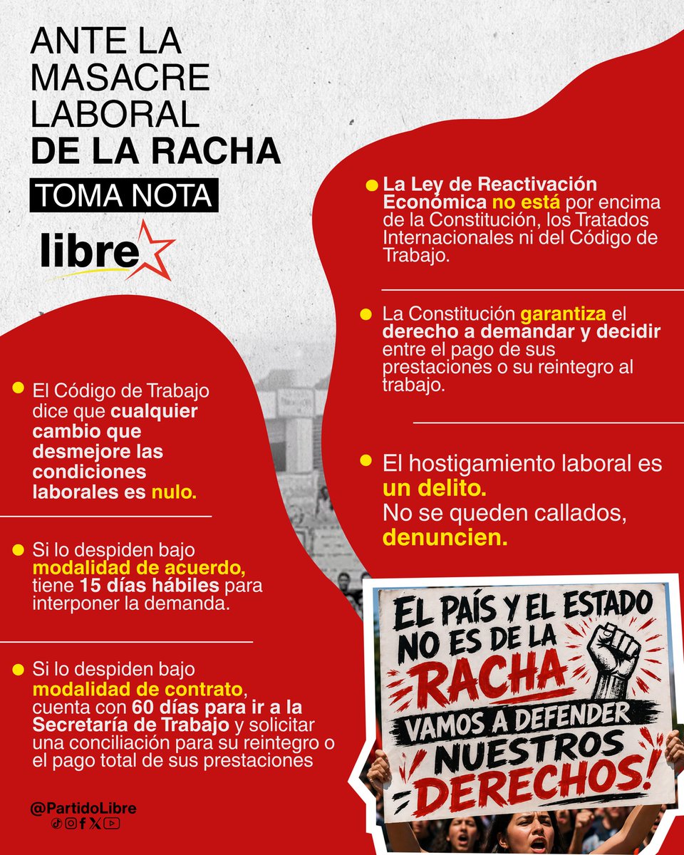 ¡La #MalaRacha 🇸🇴👎 quiere masacrar tus derechos laborales!

Pero la Constitución de la República y el Código de Trabajo te protege.

¡No te calles! Denuncia.
¡Vamos a defender nuestros derechos! ✊
#FueraRacha 👎