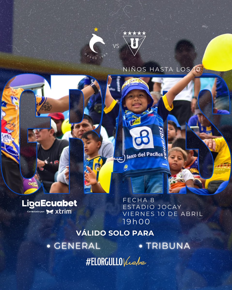 DelfinSC's tweet image. Niños gratis hasta los 10 años. 🤩💙💛

Todos juntos y en familia acompañemos al primer campeón de Manabí para dejar los 3 puntos en el Jocay. 🤜🏻🤛🏻

🎟️Compra tus entradas en línea: 

smarticket.ec/events/delfin-…

#DSC 🆚 #LDU 
📅 Viernes 10 de Abril
🕖 19h00
🏟️ Estadio Jocay