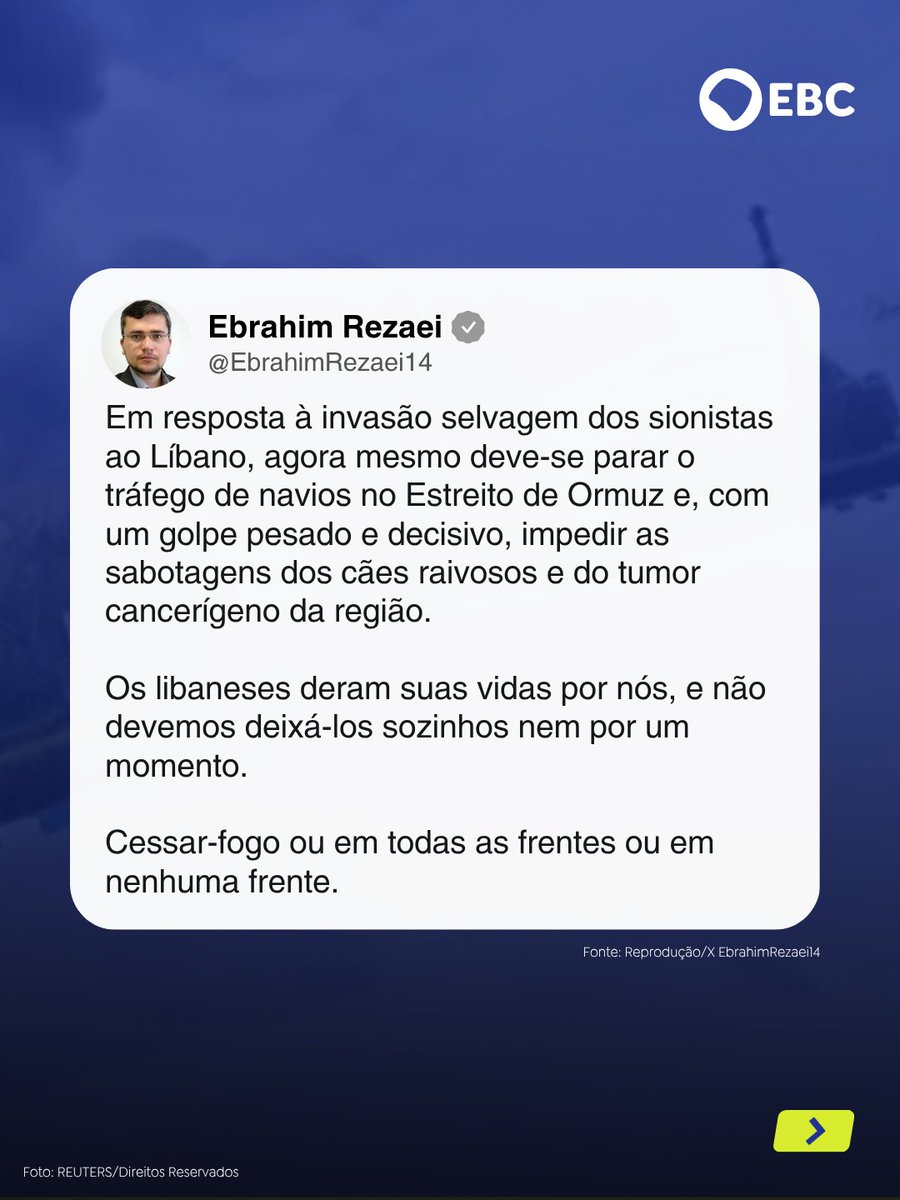 ebcnarede's tweet image. GUERRA NO ORIENTE MÉDIO | O porta-voz da Comissão de Segurança Nacional do Parlamento iraniano, Ebrahim Rezaei, defendeu, nesta quarta-feira (8), o fechamento do Estreito de Ormuz após os ataques à refinaria localizada na ilha de Lavan e os bombardeios de Israel no Líbano.