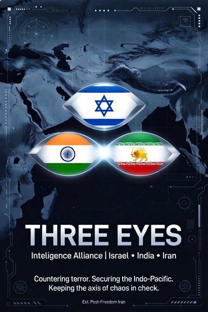 D0wn_Under's tweet photo. Once Iran is free, we’ll establish a multinational intelligence alliance with Israel and India.
We’ll call it Three Eyes and it’ll counter terror, secure the Indo-Pacific and the Middle East and keep the radical Islam in check.
#ThreeEyes
#3Is https://t.co/j2ScuWYaQU
