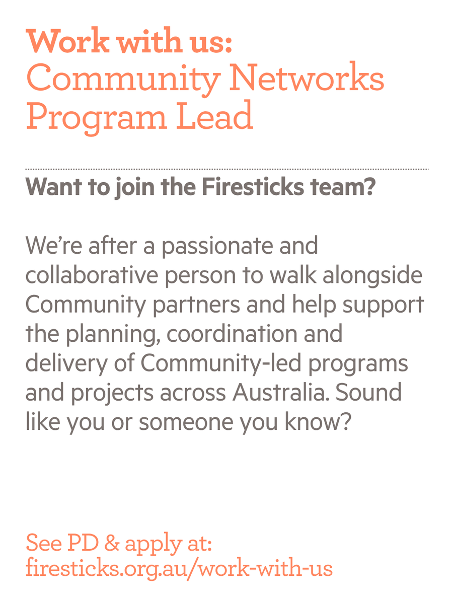 FiresticksA's tweet photo. ๐ฟ #Firesticks is #hiring for a Community Network โ Programs Lead to walk alongside Community partners and help support the planning, coordination and delivery of Communityโled programs and projects across Australia. Learn more & apply: https://t.co/0tLe3pble5 https://t.co/At5RBjfRoG