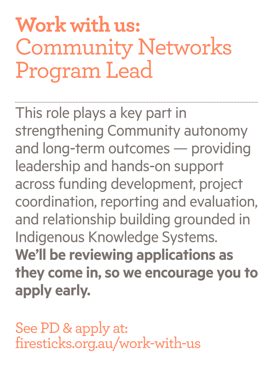 FiresticksA's tweet photo. ๐ฟ #Firesticks is #hiring for a Community Network โ Programs Lead to walk alongside Community partners and help support the planning, coordination and delivery of Communityโled programs and projects across Australia. Learn more & apply: https://t.co/0tLe3pble5 https://t.co/At5RBjfRoG