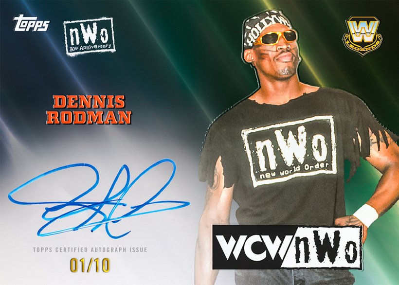 Dennis Rodman is not in Chrome I can confirm. He will be in a future WWE set this year!

The NWO Anniversary Autographs in Chrome are Hogan, Nash and Syxx!

These are similar to the Triple H, Rock and Cena autos that have appeared across every Topps product.