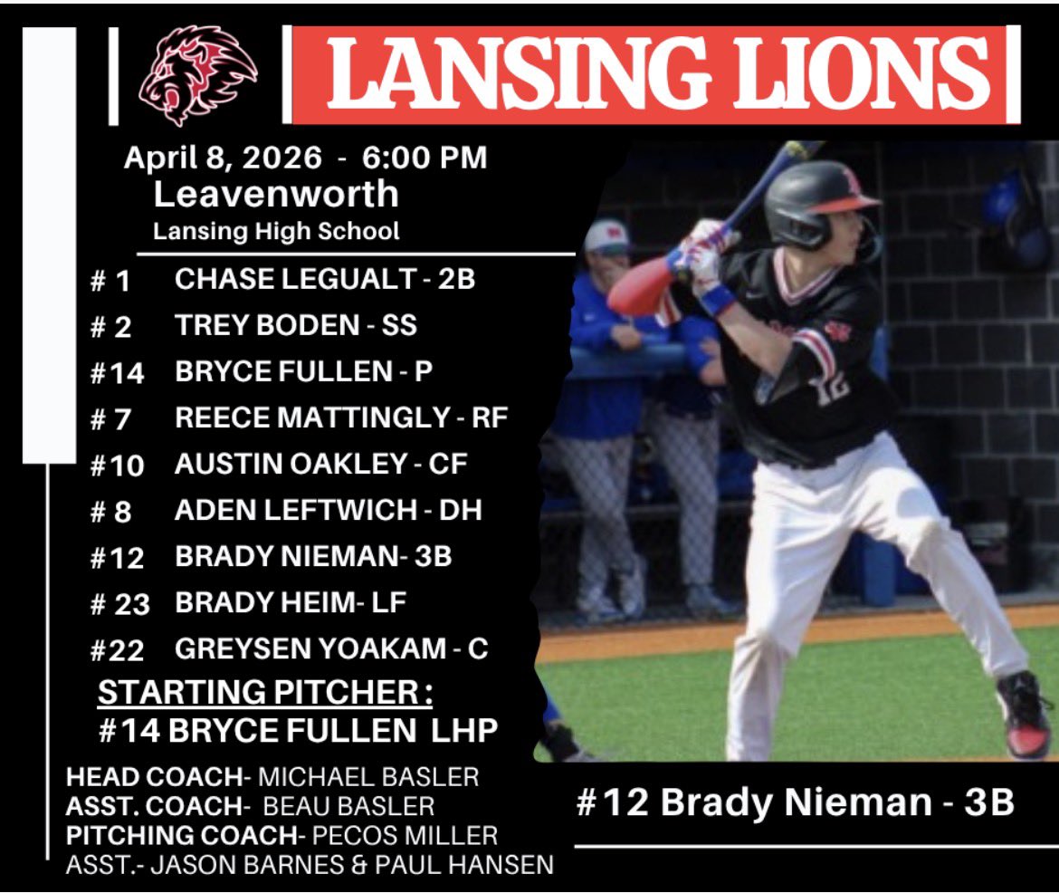 PrideBaseball21's tweet photo. Game #8 another @UnitedKSConf matchup against @LeavenworthBas1 here's your @PrideBaseball21 starting line-up 🐾🦁⚾️🐾 #DMGB https://t.co/oEWTMEDI1T