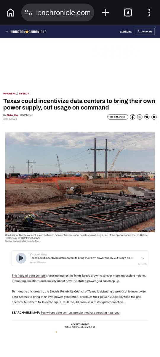 ArushiSF's tweet photo. "The flood of data centers signaling interest in Texas keeps growing to ever more impossible heights, prompting questions and anxiety about how the state’s power grid can keep up. To manage this growth, the @ERCOT_ISO is debating a proposal to incentivize data centers to bring their own power generation, or reduce their power usage any time the grid operator tells them to. In exchange, ERCOT would promise a faster grid connection. ERCOT’s proposed solution comes as data centers are willing to consider whatever it takes to access the large amounts of electricity needed to run artificial intelligence models as soon as possible. “You’d rather have some power than nothing at all,” said Arushi Sharma Frank, an energy consultant who drafted the initial proposal."