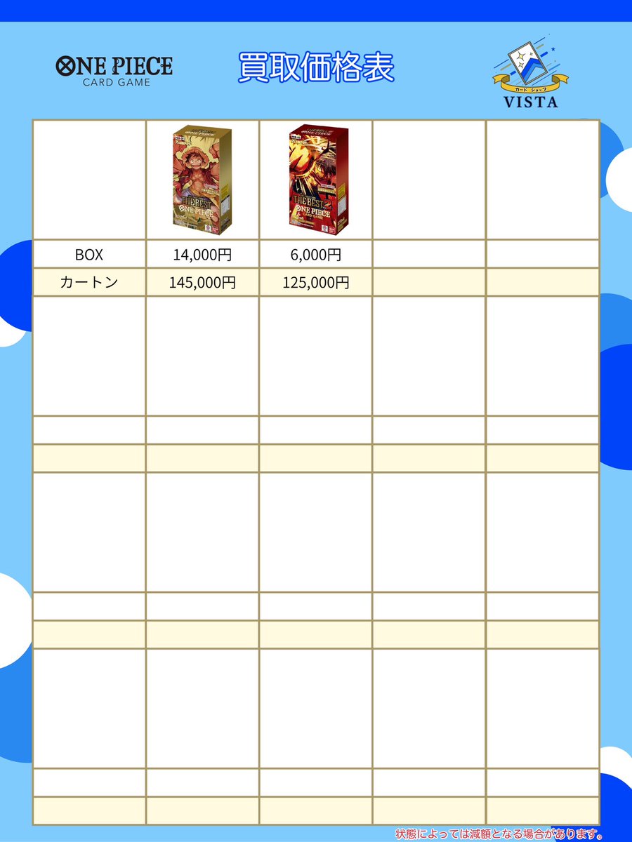 VISTA1751412's tweet image. 4月9日
🎩ワンピースカードBOX &amp;amp;カートン買取表🎩

#町田 #ワンピースカード #BOX #買取 #PSA買取