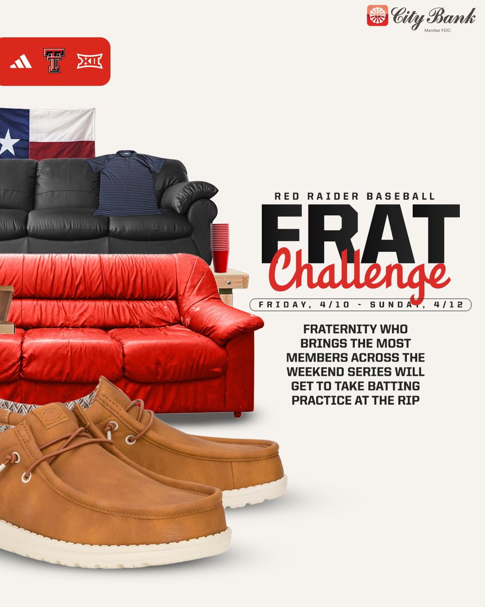 Rep the Red Raiders 🤝 Rep your fraternity 

The frat with the most brothers in attendance will take BP on the field next week! 

#WreckEm | <a href="/MyCityBank/">City Bank</a>