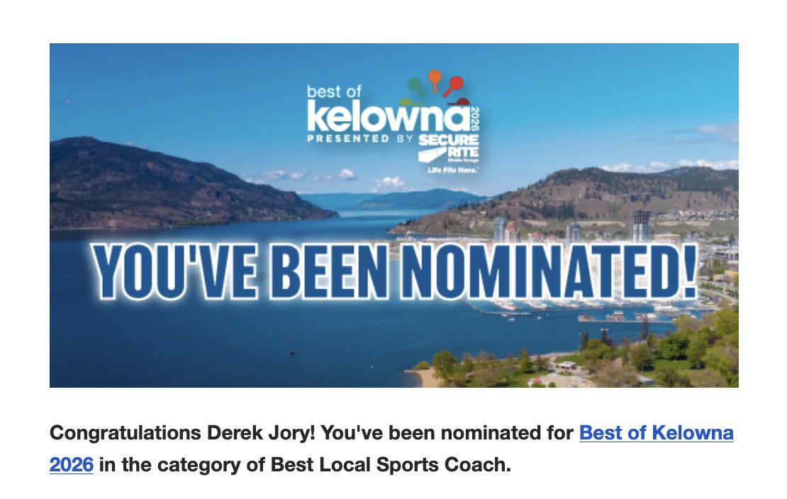 NoJoryous's tweet photo. Exciting news to share: I’ve been nominated for Best of Kelowna 2026 - Best Local Sports Coach, which is pretty dang humbling. Coaching is a big part of my life, and the development of great people who happen to play sports is something I genuinely care about. https://t.co/nt4mPpJNKs