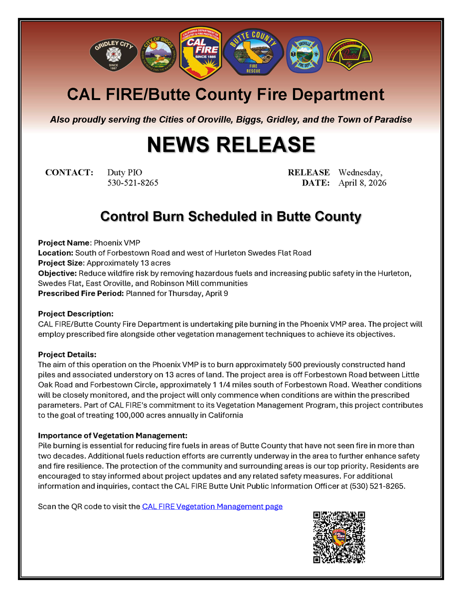 CALFIRE_ButteCo's tweet photo. CAL FIRE/Butte County Fire Department will conduct a pile burning operation in the #PhoenixVMP off Forbestown Road east of Oroville. See the news release and map for details. https://t.co/iJXCUey11c