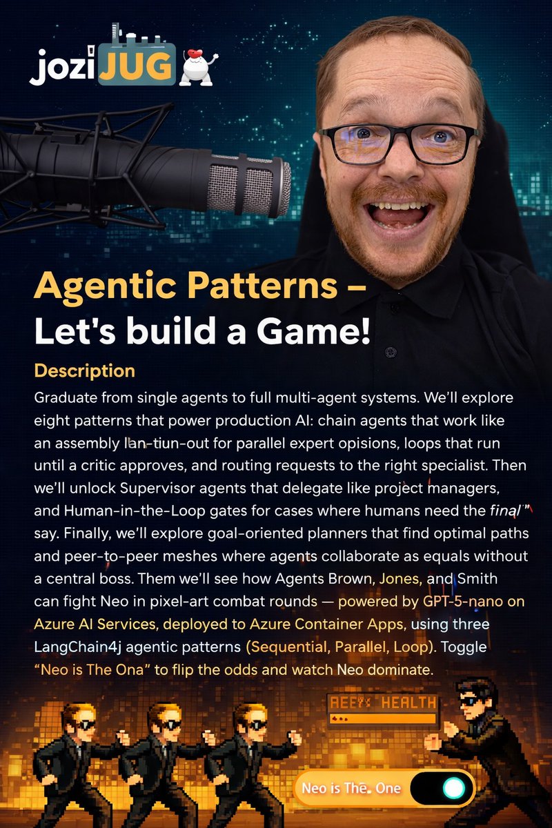 jozijug's tweet photo. Learn how to build AI agents in Java &amp; @langchain4j, with proven agentic patterns with @rorypreddy.

📅: Wed, 22 Apr 2026
⏰: 17:00 - 20:30 (SAST)
📍: @bbdsoftware.
🎟 : FREE (food &amp; drinks will be provided)

Also, Lesedi Jonas will showcase how he built #Git in #Java 

#JoziJUG https://t.co/4648nmVPYL