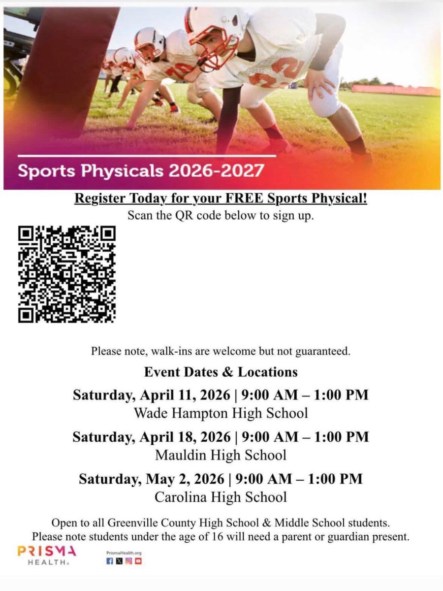 AthleticsJl's tweet photo. Free Sports Physicals sponsored by PRISMA! Check out the flyer and QR code for more information! #EmpireofMANN https://t.co/FNLtRkuYe0