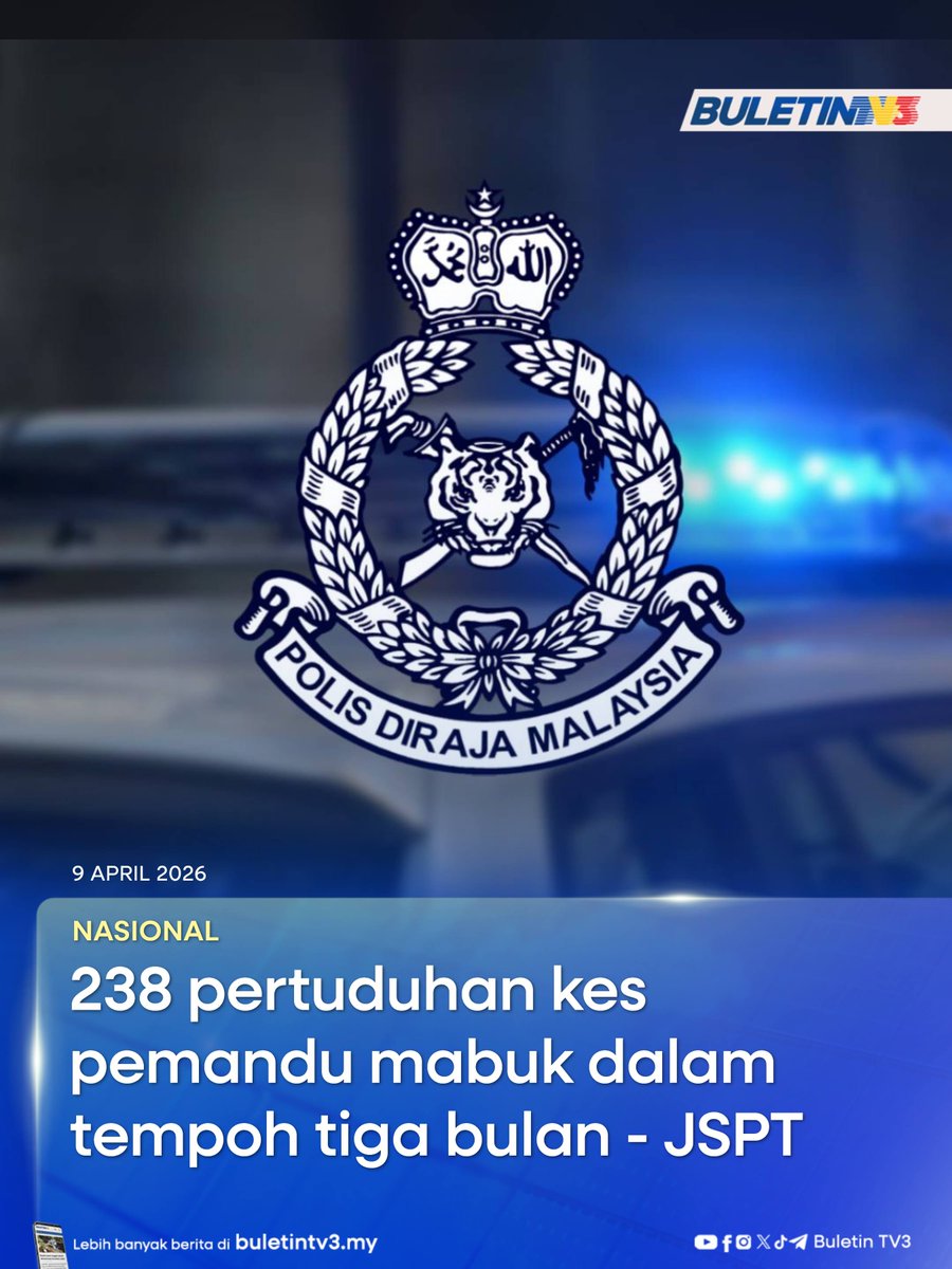 BuletinTV3's tweet photo. NASIONAL | Jabatan Siasatan dan Penguatkuasaan Trafik (JSPT) merekodkan 238 pertuduhan terhadap pemandu mabuk menerusi 255 operasi di seluruh negara dalam tempoh Januari hingga Mac lalu. 

#BuletinTV3 #JSPT #pemandumabuk #PDRM

Berita penuh di https://t.co/mXsTig2m7J https://t.co/ZoVCl0j2RG