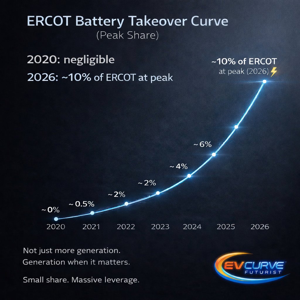 EVCurveFuturist's tweet image. In Texas, solar + BESS is decoupling generation from time.

Midday: excess solar → charging
Evening: batteries → ~10% of peak demand (up from &amp;lt;1% in 2020)

Not just more energy—higher-value energy.

Texas isn’t the exception. It’s the preview. #Bettrification #Solar #BESS #LFP