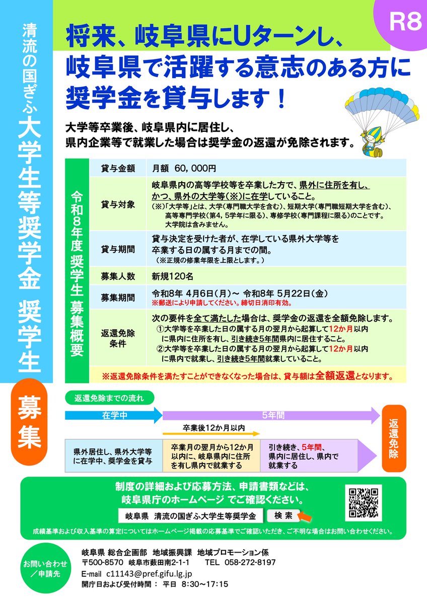 sekigahara_town's tweet photo. 【令和8年度「清流の国ぎふ大学生等奨学金」募集開始】

岐阜県では、県外の大学等に進学し、将来的に岐阜県に戻り活躍する意思のある学生の方を支援しています。

※大学等卒業後、岐阜県内に居住し県内企業等で就業した場合は奨学金の返還が免除されます。

詳しくはこちら
https://t.co/QcCuDIsJaC https://t.co/Kq7wS2Siqj