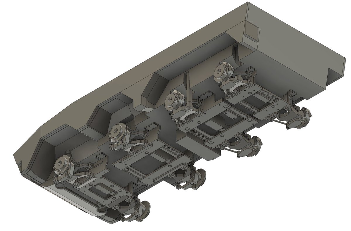 2805662's tweet image. 16式機動戦闘車. Overall fit check of the suspension &amp;amp; running gear with the hull. I may have to pivot the upper &amp;amp; lower control arms upwards to place the hub centres .993mm higher.
The main hull comprises 4 parts; front &amp;amp; rear hull, each with an upper &amp;amp; lower, aiding manufacture.