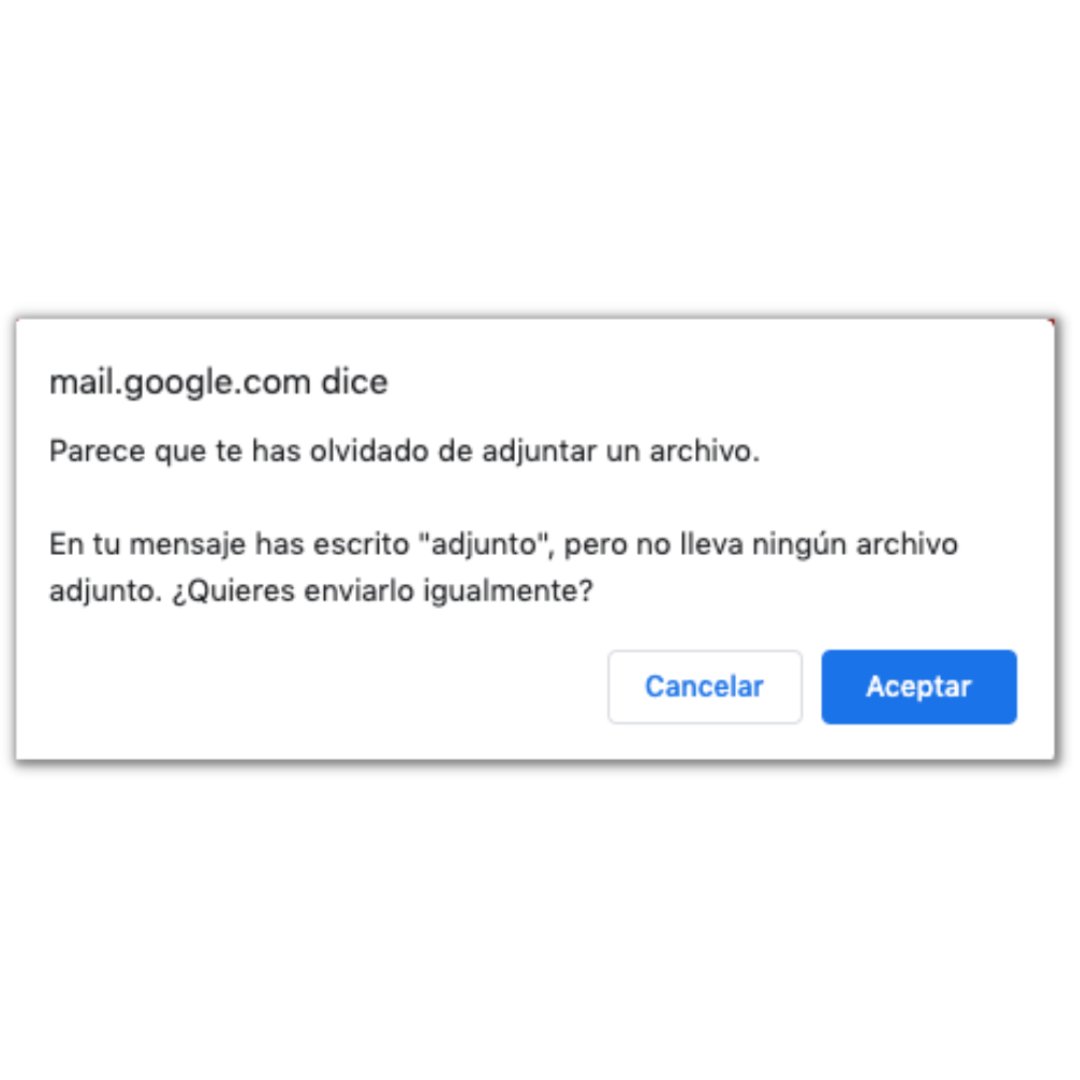 Alerta emergente de Gmail avisando que el mensaje menciona un archivo adjunto faltante, con botones de Cancelar y Aceptar para decidir si enviar el correo o no