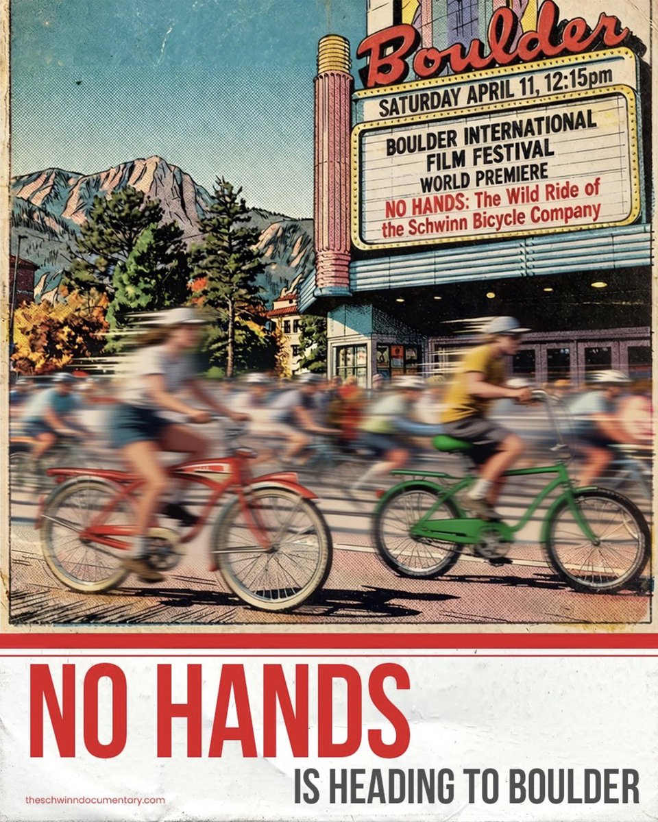 peopleforbikes's tweet photo. At the 2026 BLC, Lionsgate President of Worldwide TV Distribution Jim Packer shared an exclusive trailer for No Hands: The Wild Ride of the Schwinn Bicycle Company. Now you can join us for the world premiere in Boulder! Get your tickets now for April 11 at https://t.co/Rag3viEmKW https://t.co/JiH7fkRfwQ