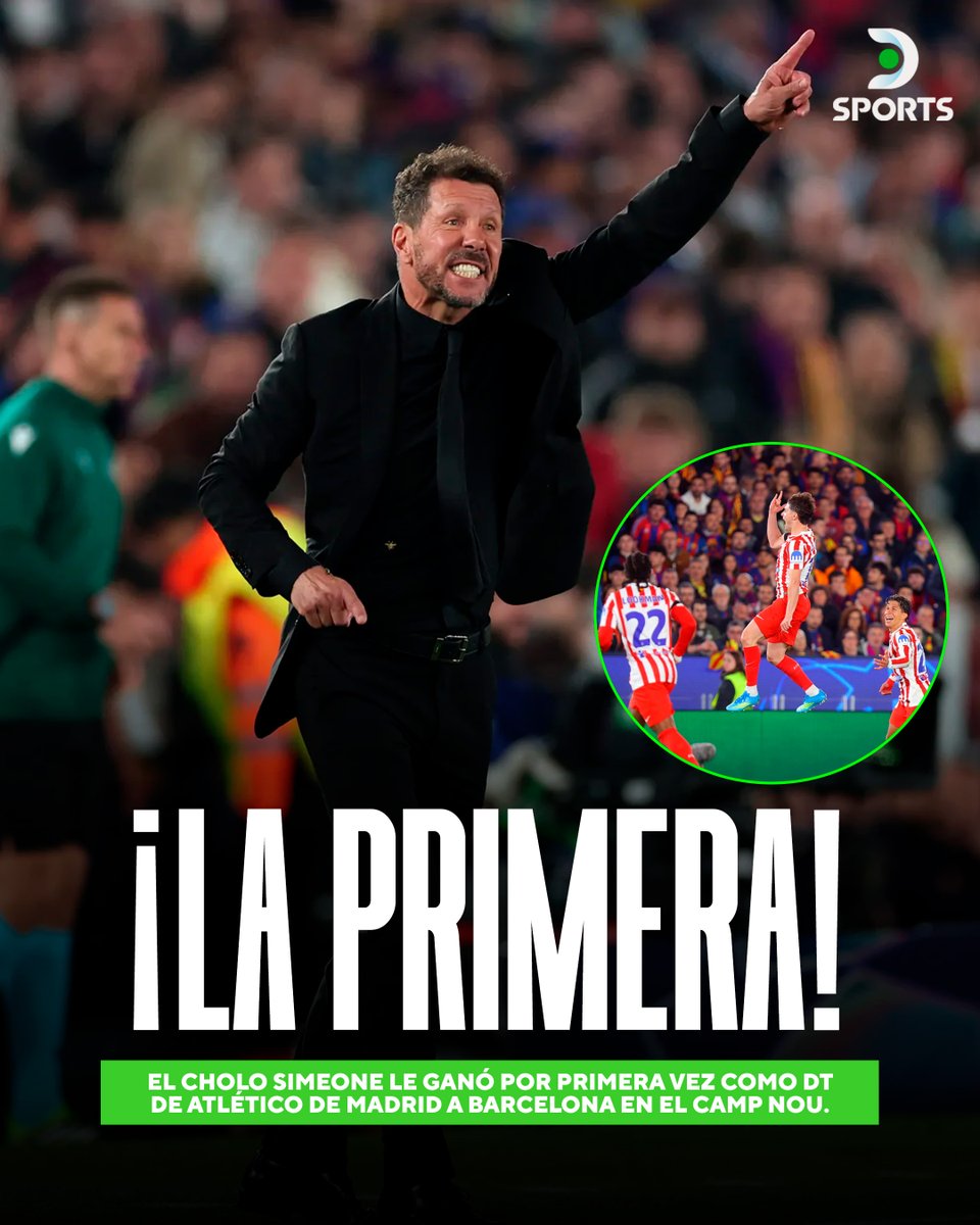 DSports's tweet image. ¡¡LLEGÓ LA PRIMERA VICTORIA DEL CHOLO SIMEONE EN EL CAMP NOU!! 🏟️🤯

⚽️ Fue en el triunfo de Atlético de Madrid 2-0 ante Barcelona por la ida de los cuartos de final de la UEFA #Champions League.

🔥 Lo logró tras 19 PARTIDOS.

🔙 En 2024, venció a los Culés de visitante por