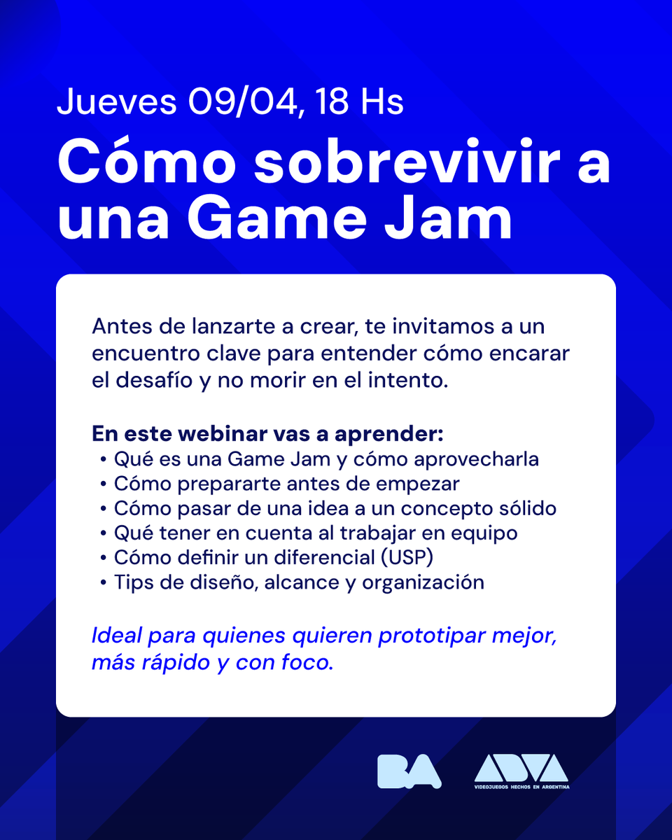 adva_vg's tweet image. ¡Workshops de la Game Jam BA 2026!

¿Vas a participar de la Game Jam? Conocé y sumate a los próximos talleres y preparate para crear tu videojuego. Estate atento a las redes y medios del evento para poder unirte a cada uno.

@BAinGame
#GameJam
#Videojuegos
#Argentina
#GameDev